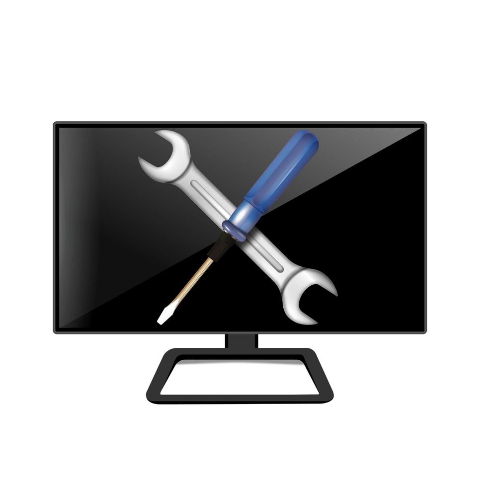 Repair icon with wrench and screwdriver on the screen. Computer repair services, settings, technical support concepts. Vector illustration.