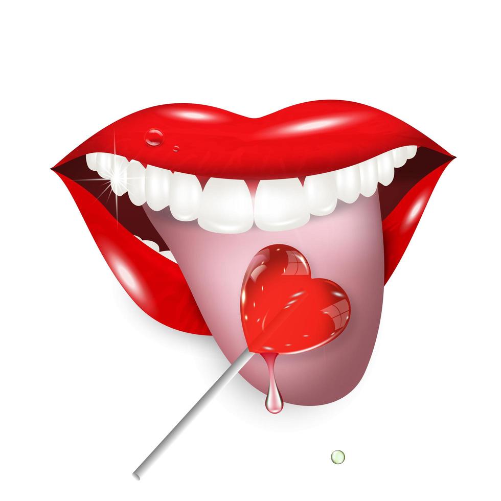 Sexy red lips on a transparent background, licking a heart shaped lollipop. 3D effect. Vector illustration.