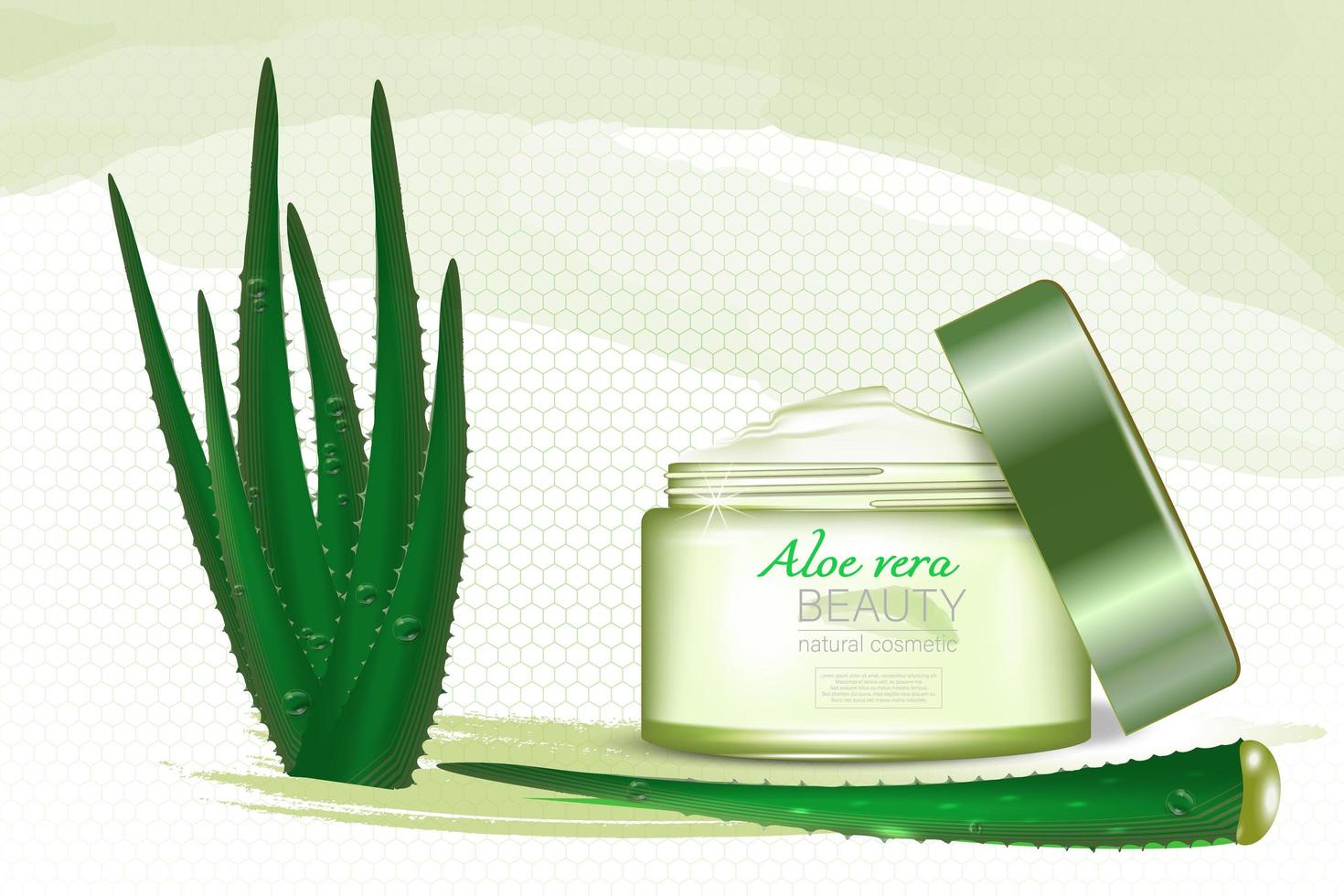 Aloe vera plant with a jar of cosmetic cream with an open lid. Packaging layout. Poster template with advertising of cosmetic products for beauty. Realistic 3d vector illustration