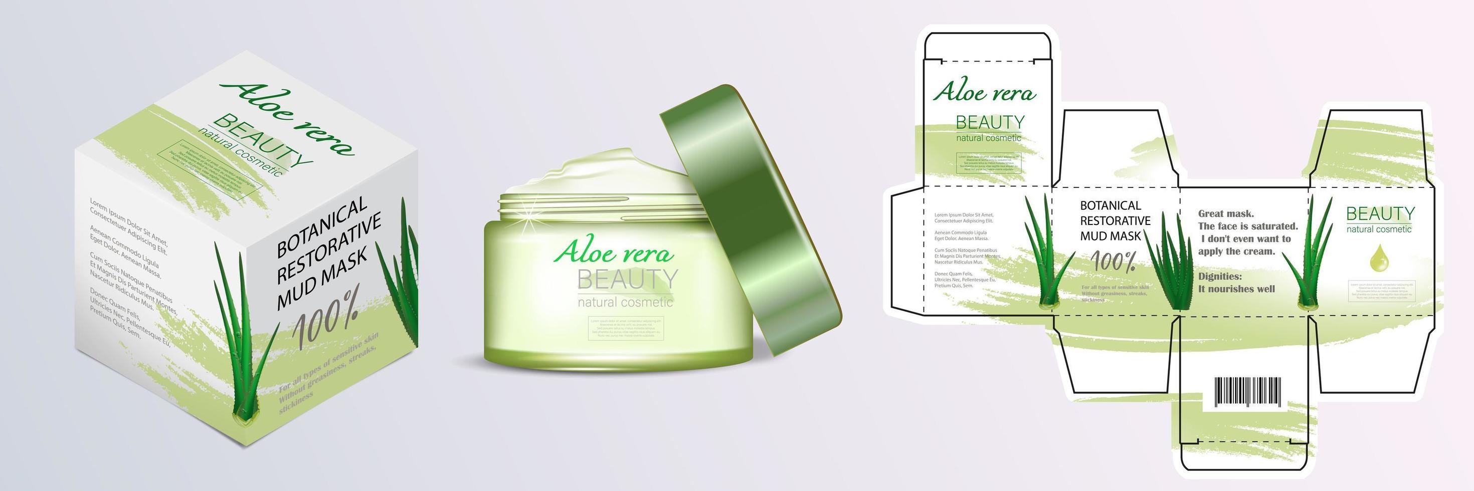 Design of the cosmetic packaging template. Cut. An open cosmetic cream mask with aloe vera with a closed box. Realistic 3D model. vector