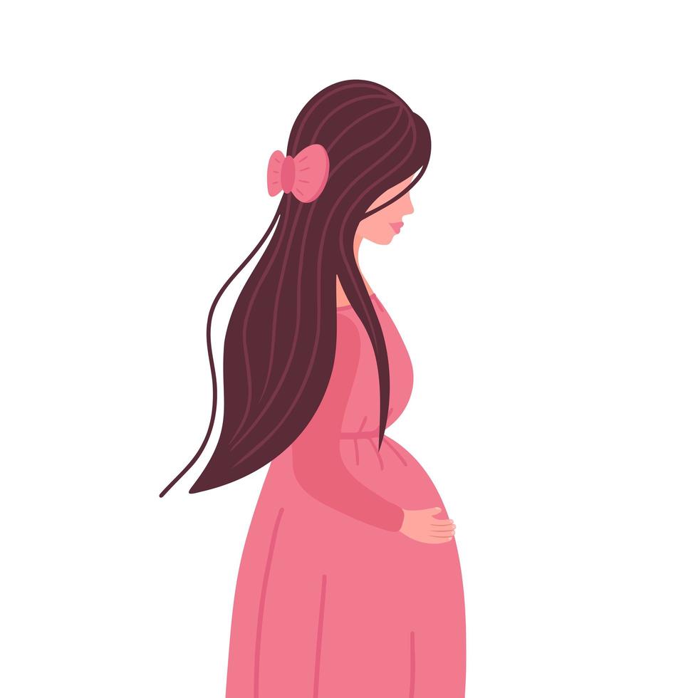 Pregnant Woman, young pregnant girl holding her baby bump. Illustration for backgrounds, packaging, greeting cards, posters, stickers, textile and seasonal design. Isolated on white background. vector