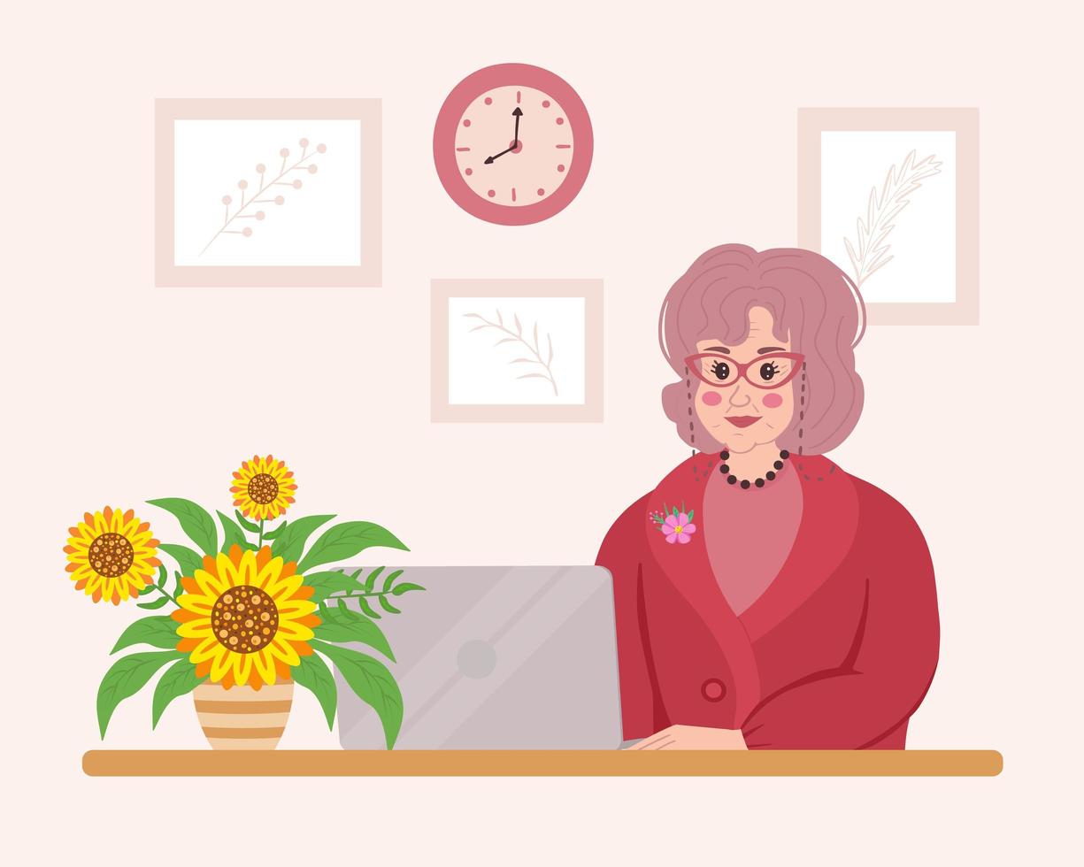 Female teacher sits at the table, works in laptop in classroom. Illustration for printing, backgrounds, covers, packaging, greeting cards, posters, stickers, textile and seasonal design. vector