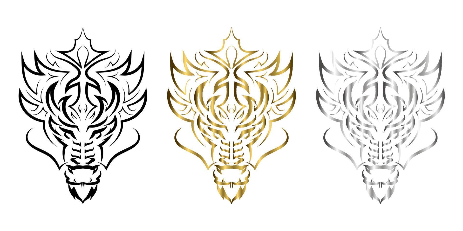 three color black gold and silver line art of dragon head. Good use for symbol, mascot, icon, avatar, tattoo,T-Shirt design, logo or any design. vector