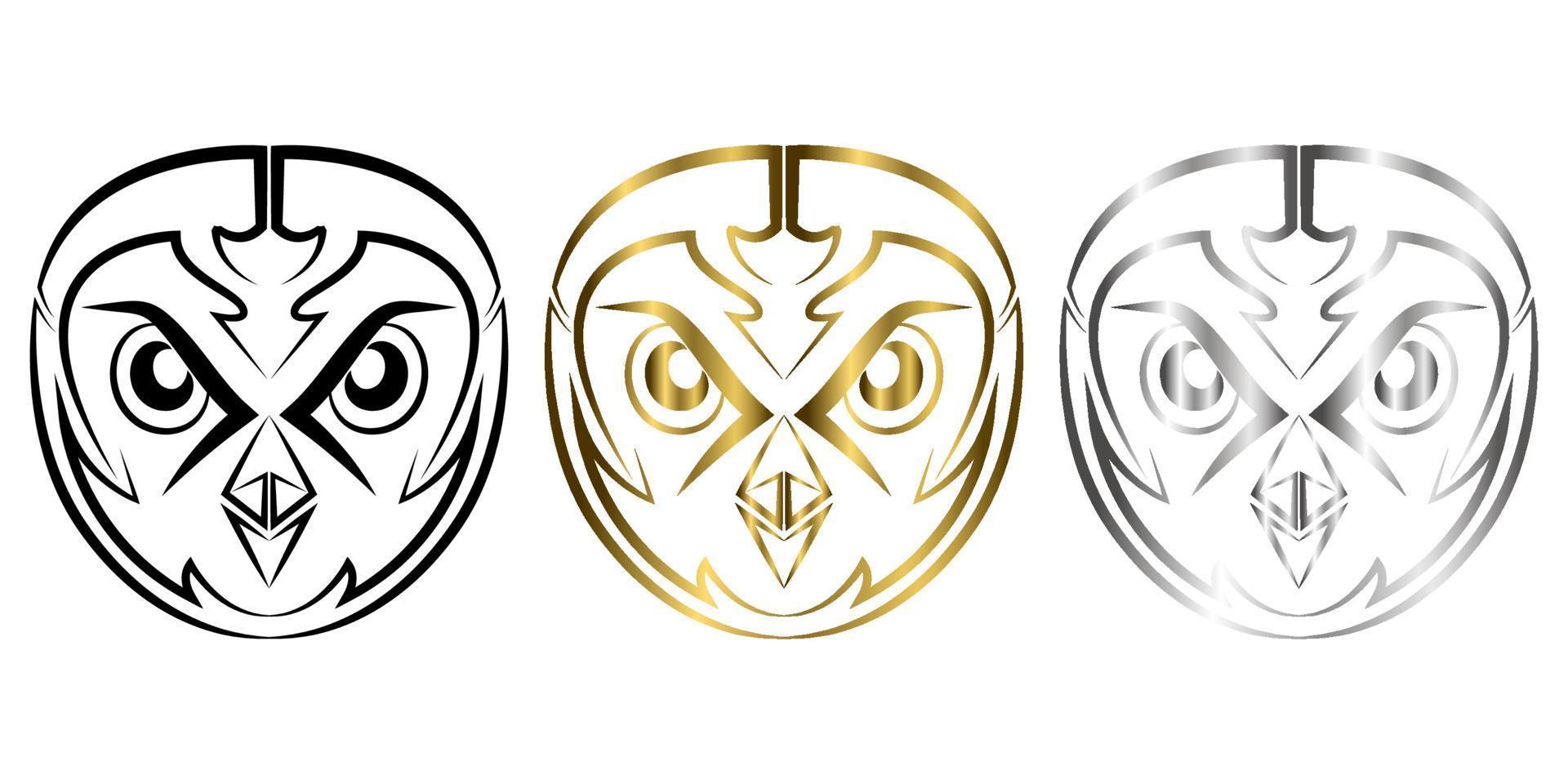 Three color black gold and silver line art of owl head. Good use for symbol, mascot, icon, avatar, tattoo,T-Shirt design, logo or any design. vector