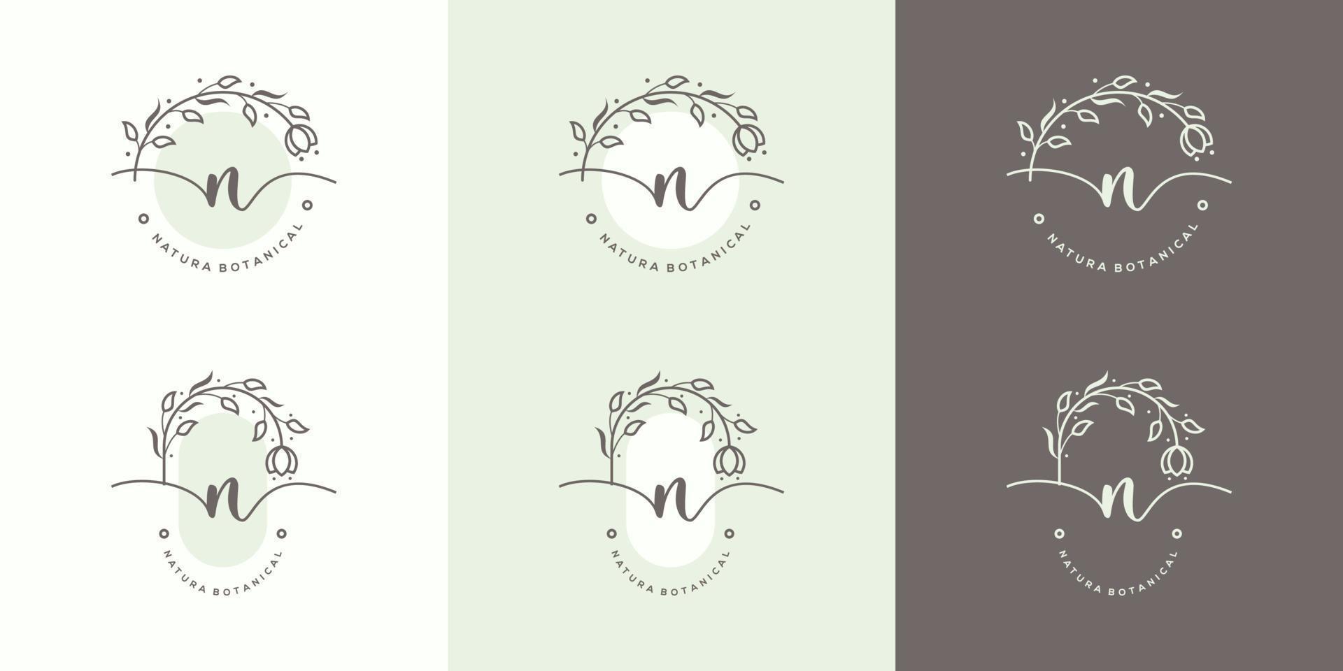 Letter N with floral frame logo template vector