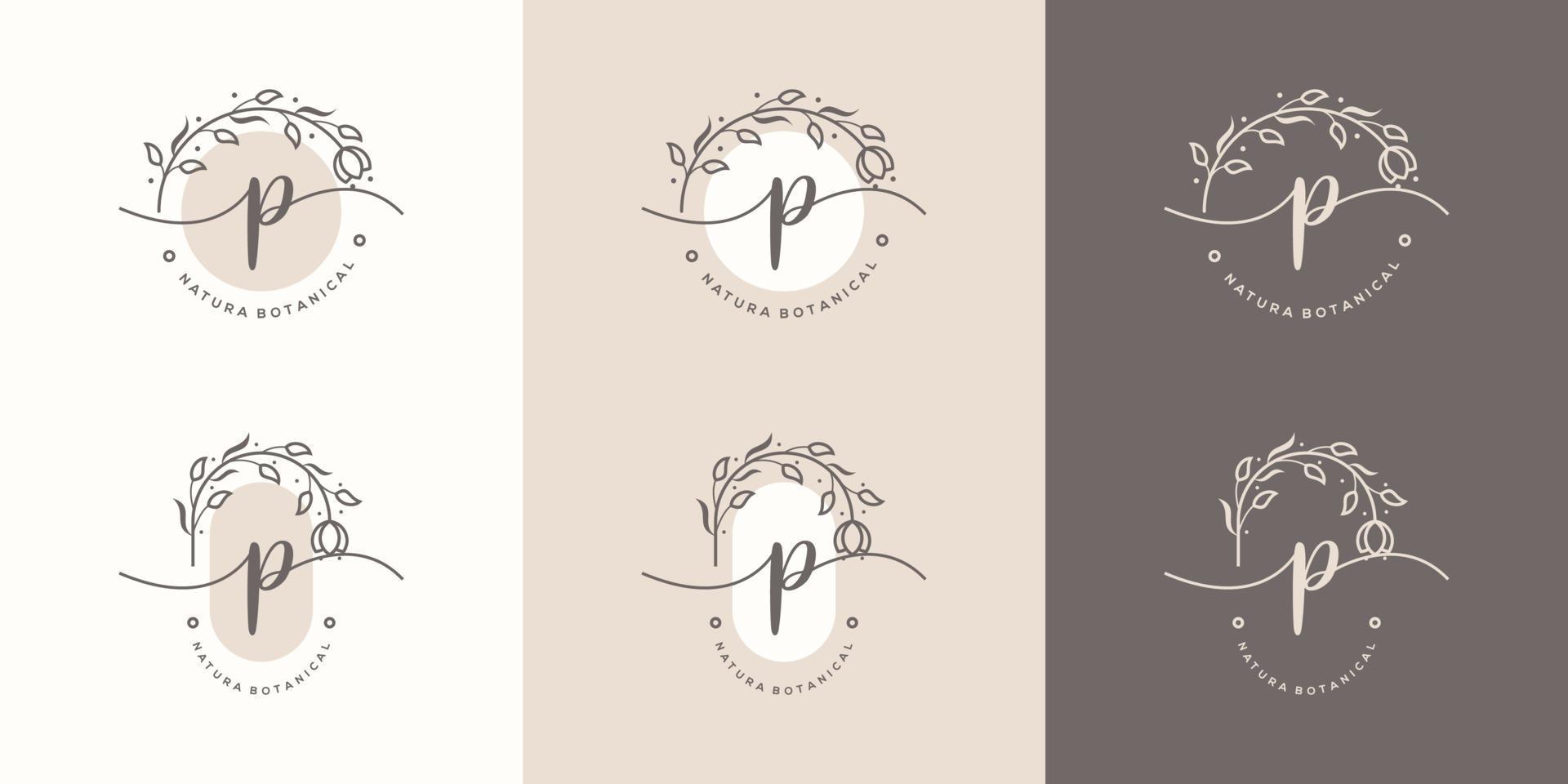 Letter P with floral frame logo template vector