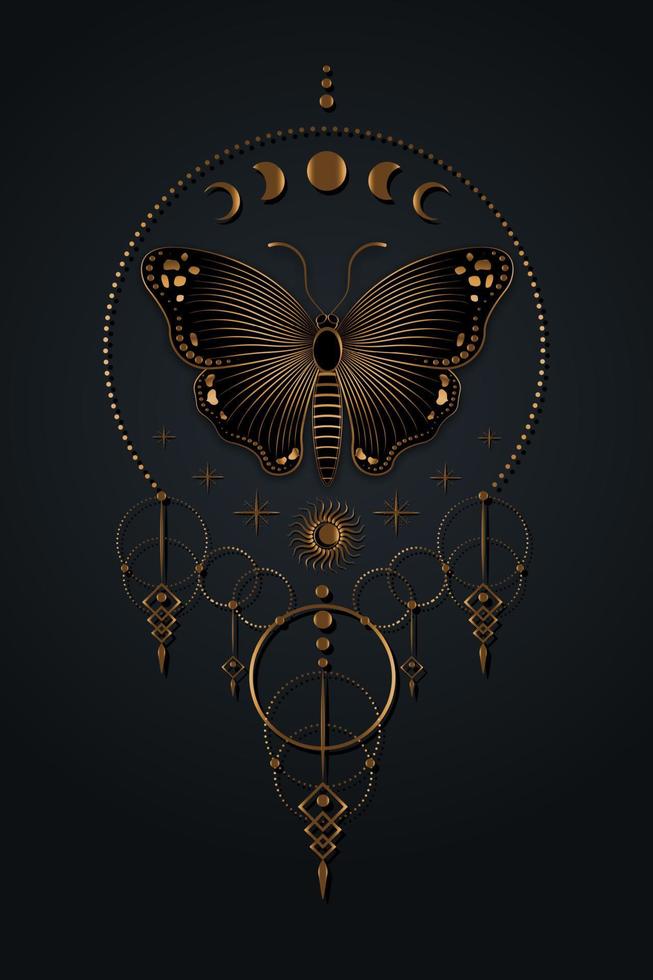 Moon Phases an butterfly logo template, Sacred Geometry, boho style, Gold Wicca icon, dream catcher symbol, golden magic hipster tattoo, Mystic symbology, vector isolated on black background