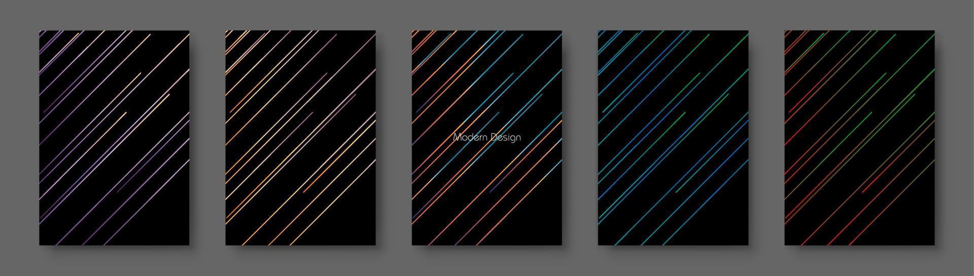 Modern colorful gradient striped cover, frame design set. Luxury creative dynamic line pattern in premium colors. Vector black background for business brochure, notebook, menu template