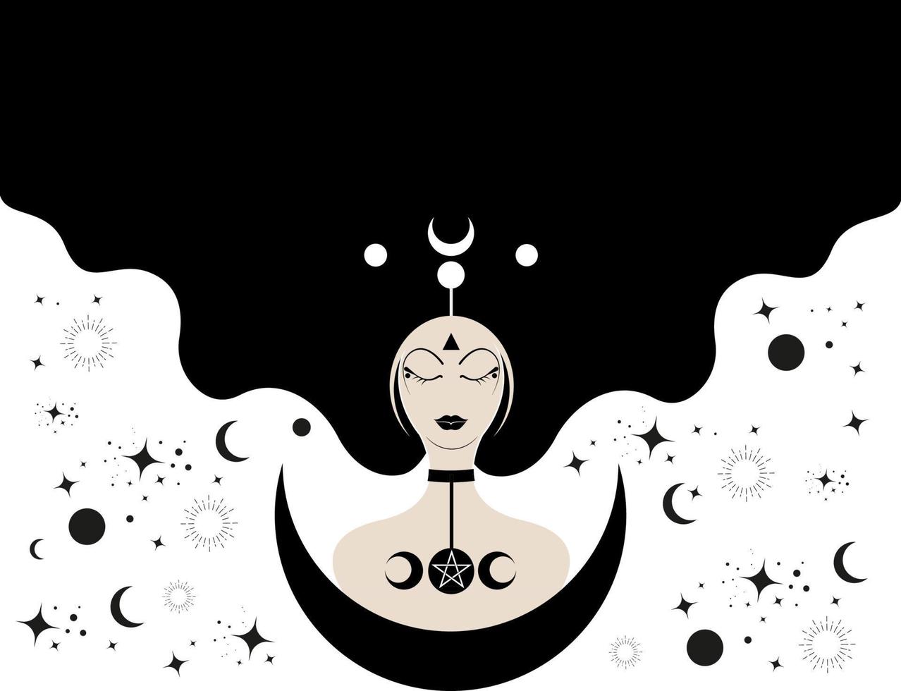 Priestess with lonh hair, template. Crescent moon, sacred wiccan woman goddess icon. Triple Moon Religious Wicca sign. Neopaganism symbols on white celestial background vector