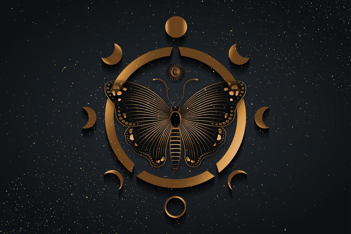 Beautiful butterflies with engraving and Phases of the moon. Wiccan symbol, full moon, waning, waxing, first quarter, gibbous, crescent, third quarter. Vector logo isolated on black golden starry sky