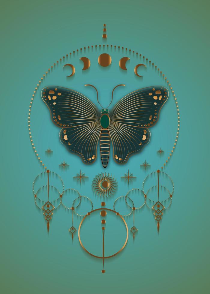 Moon Phases and green butterfly logo template, Sacred Geometry, boho style, Gold magic icon, dream catcher symbol, golden hipster talisman, Mystic symbology, vector isolated on old vintage background