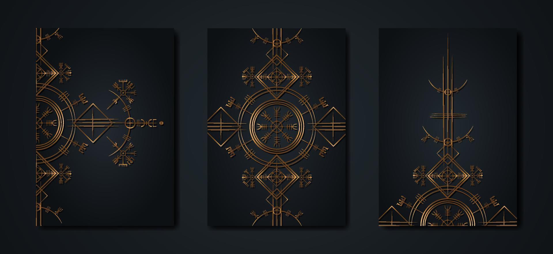 Black card set collection of Magic ancient viking art deco, Gold Vegvisir navigation compass ancient. Vikings symbols, Norse mythology, Luxury golden Logo template icon Wiccan esoteric sign vector