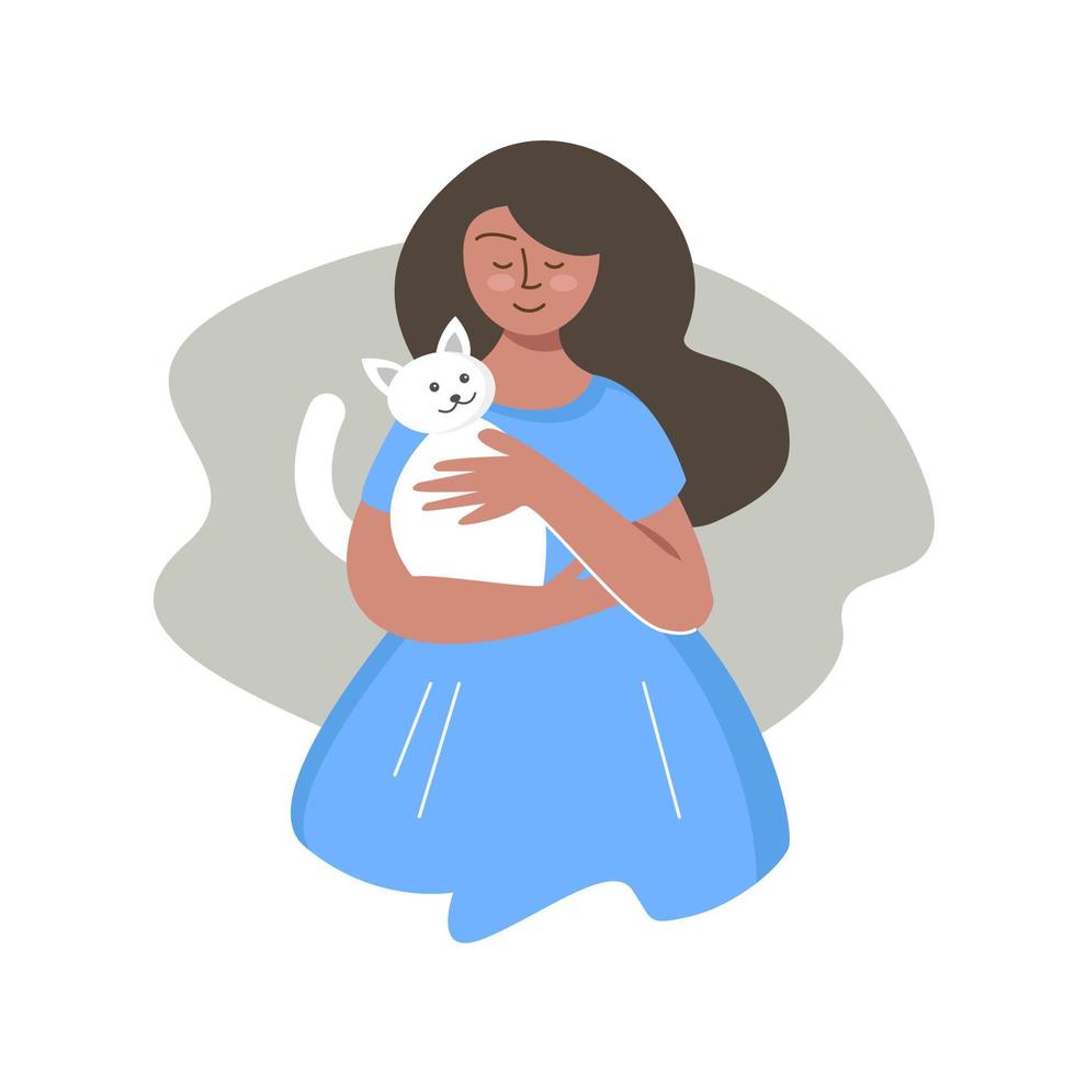 girl holding a cat - vector illustration. pet and girl. woman hugging a white kitten