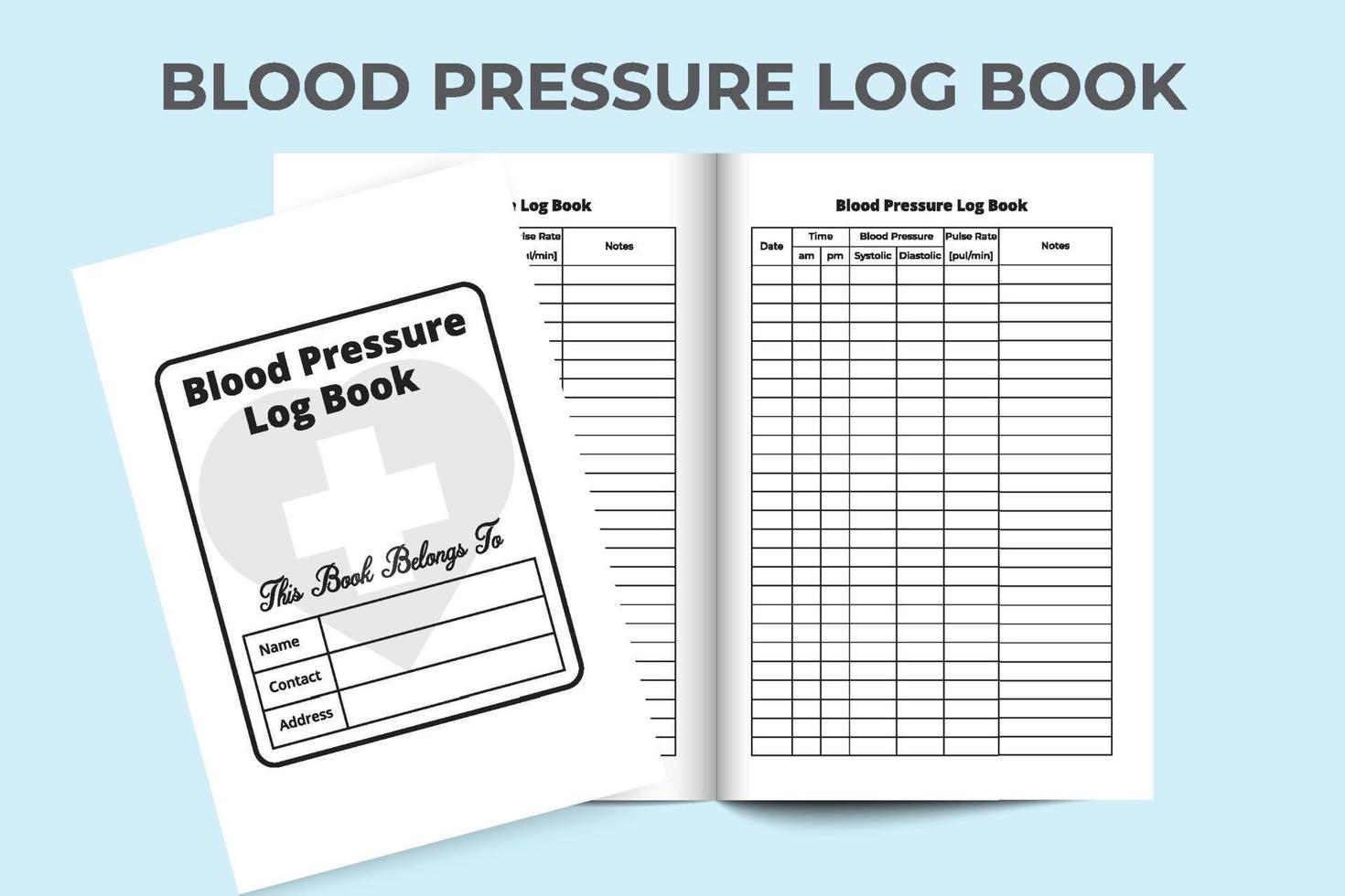 Blood pressure log book. Pulse tracker journal. Blood pressure notebook and pulse tracker. Medical notebook. Blood pressure journal. vector