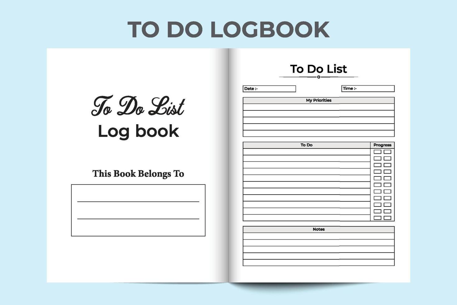 To do list notebook. Time management journal. Work list planner. To do list log book and Task tracker. Daily work planner. To do list journal interface. vector