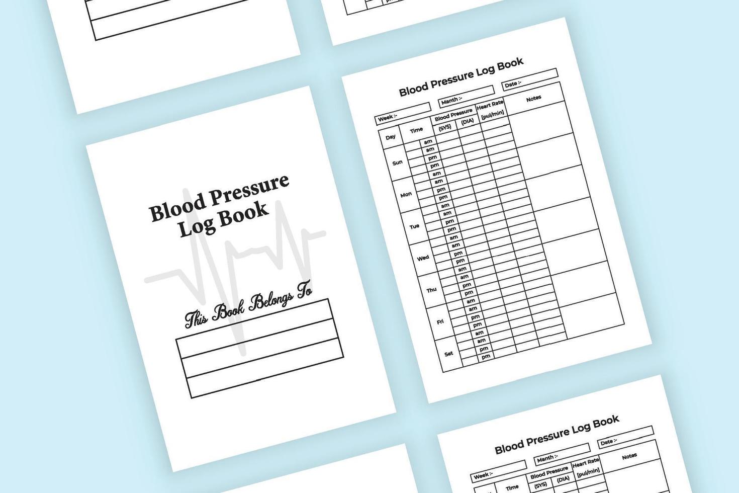 Blood pressure log book. Pulse tracker journal. Blood pressure and pulse notebook. Medical log book. Blood pressure journal. vector