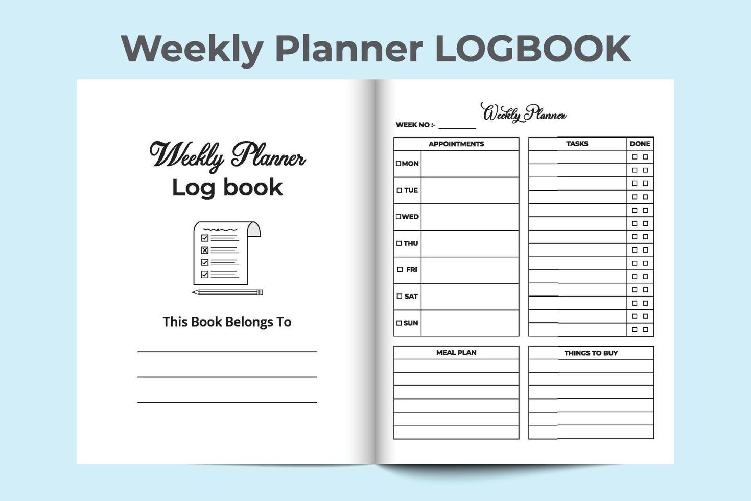 Weekly planner log book. Weekly work list journal template. Weekly planner notebook template. Weekly work list notebook interface. Work list planner template. vector