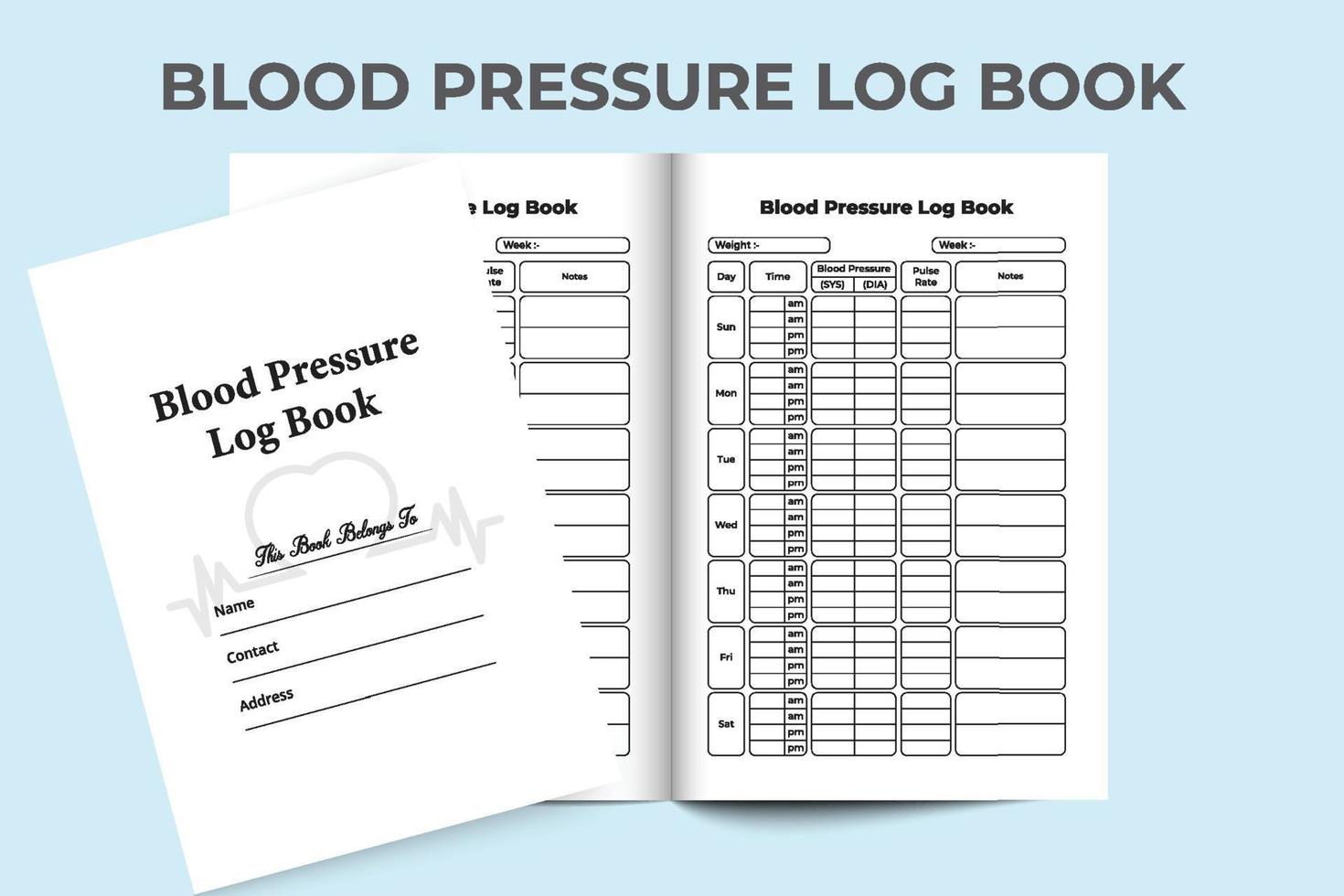 Blood pressure log book. Medical notebook. Blood pressure journal and Pulse tracker. Blood pressure tracker. Pulse tracker notebook. vector