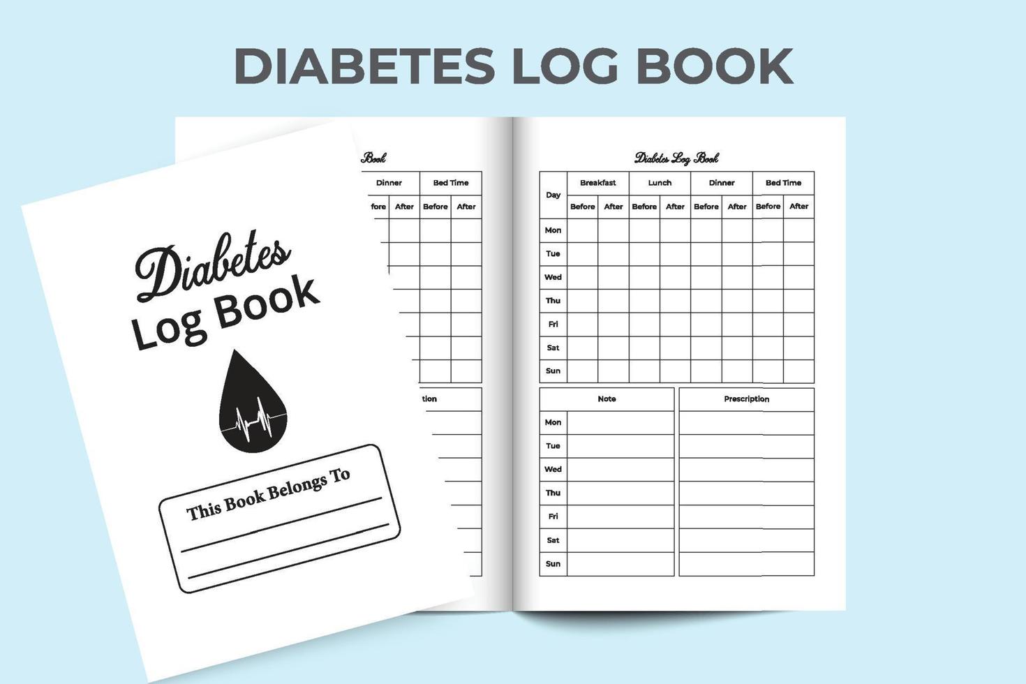 Diabetes log book interior. Weekly diabetes checker notebook. Medical log book and diabetes tracker. Medical tracker log book. vector