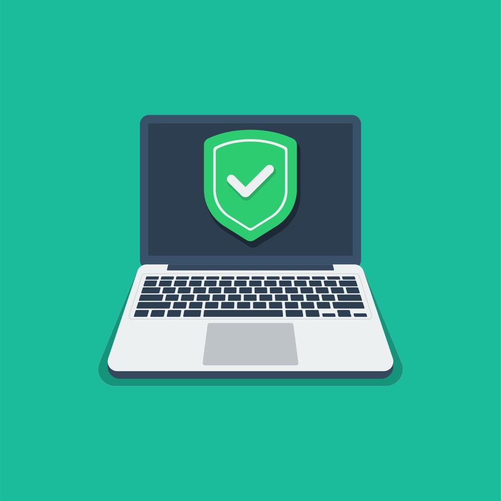 Laptop vector flat icon on colored background with shield.