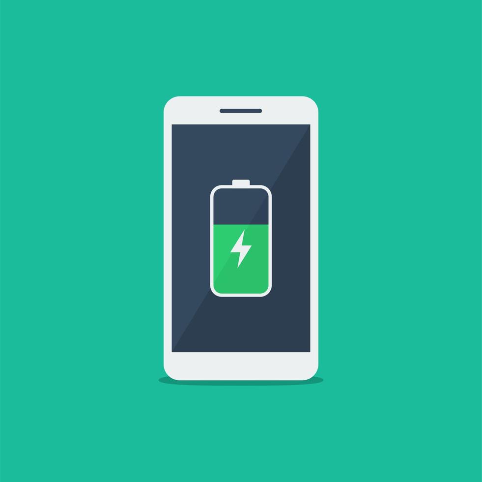 Mobile phone charging, smartphone with battery icon flat vector illustration.