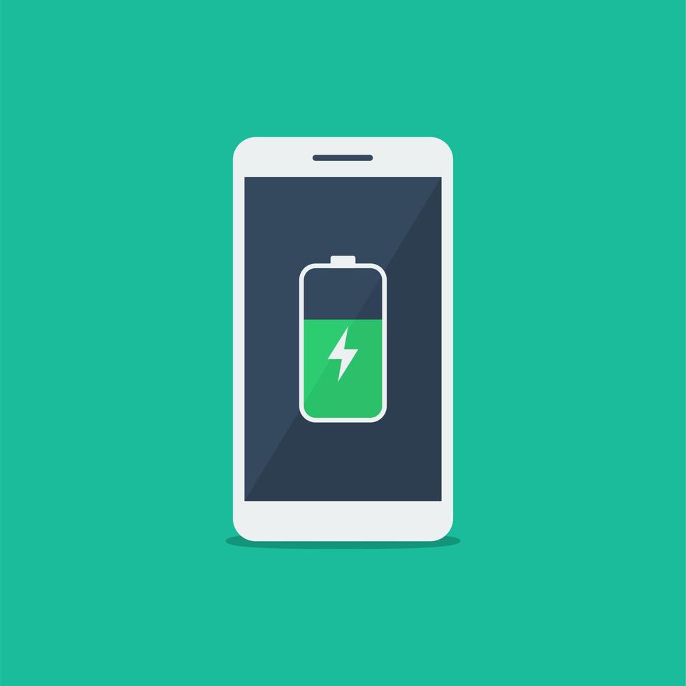 Mobile phone charging, smartphone with battery icon flat vector illustration.