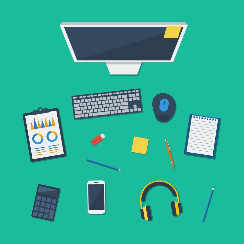 Workplace for business, management and IT. Top view of table, computer, keyboard, mouse, documents, notepad, headphone, pencil, calculator, pen, usb, smartphone, report, notebook. vector