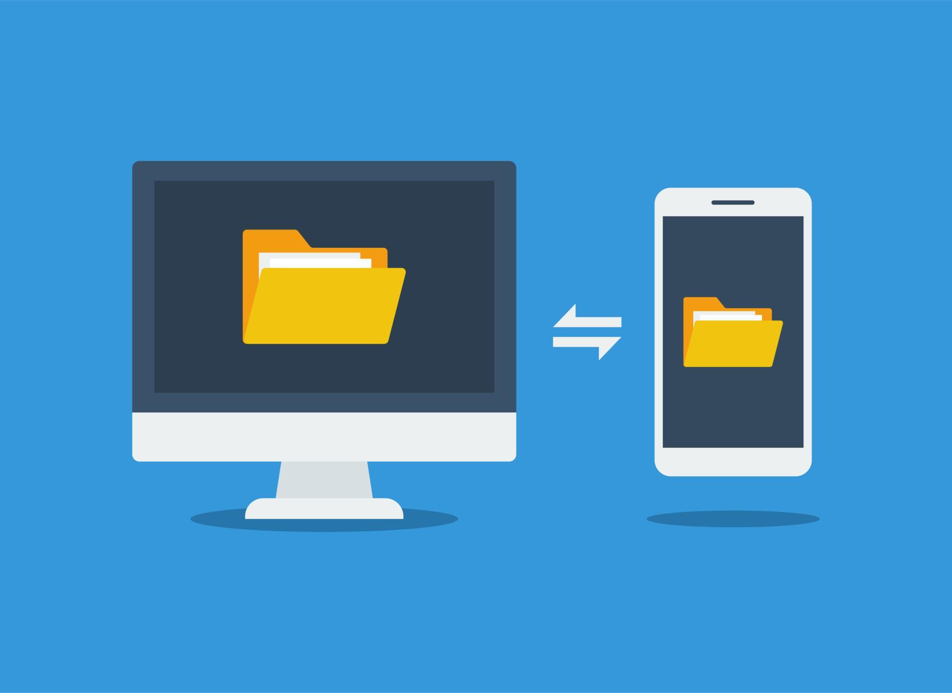 File Transfer. Files transferred Encrypted Form. Computer and smartphone with folders on screen