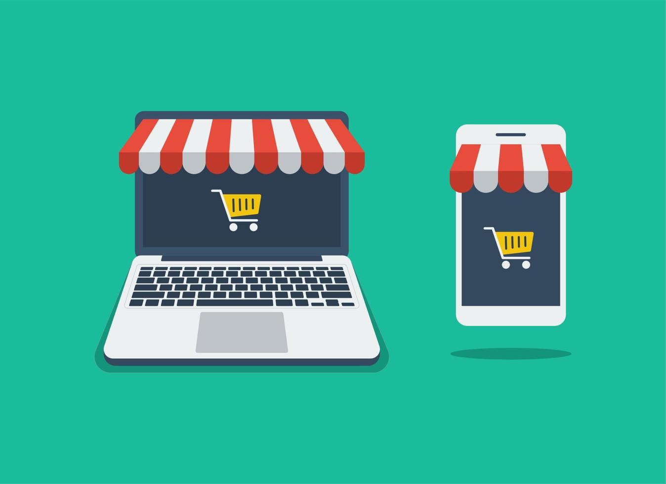 Ecommerce, online shopping. Smartphone, laptop, cart icon. Flat vector illustration suitable for many purposes.