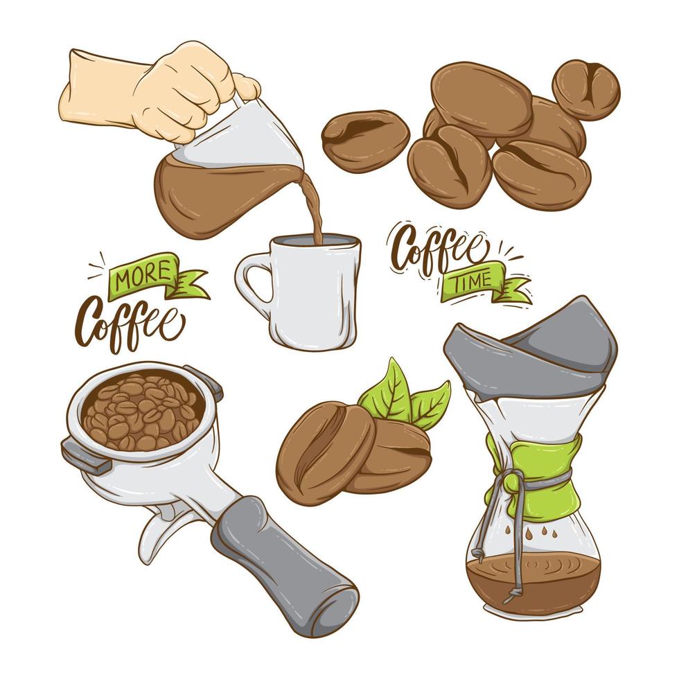 colección de granos de café dibujados a mano con cafetera vector