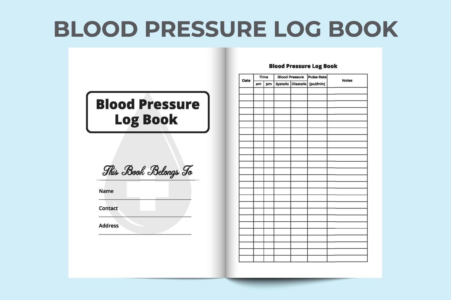 Blood pressure log book. Pulse tracker journal. Blood pressure and pulse tracker notebook. Medical log book. Blood pressure journal interface. vector