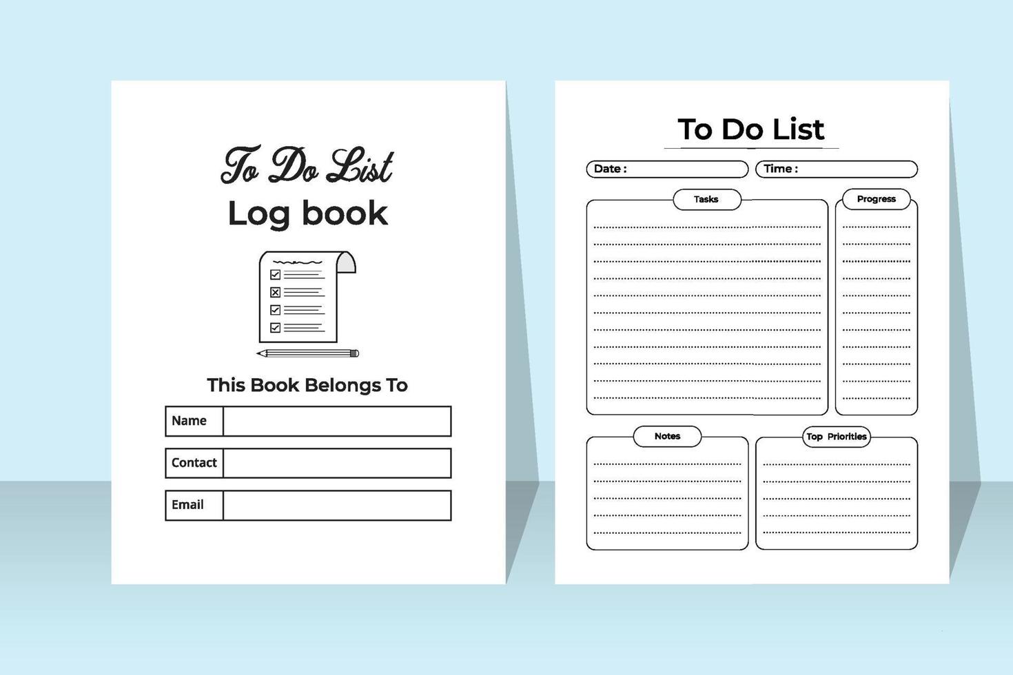 To do list journal. Task planner log book. Daily work checklist. Work list notebook. Time management notebook. To-do list log book and task tracker. vector