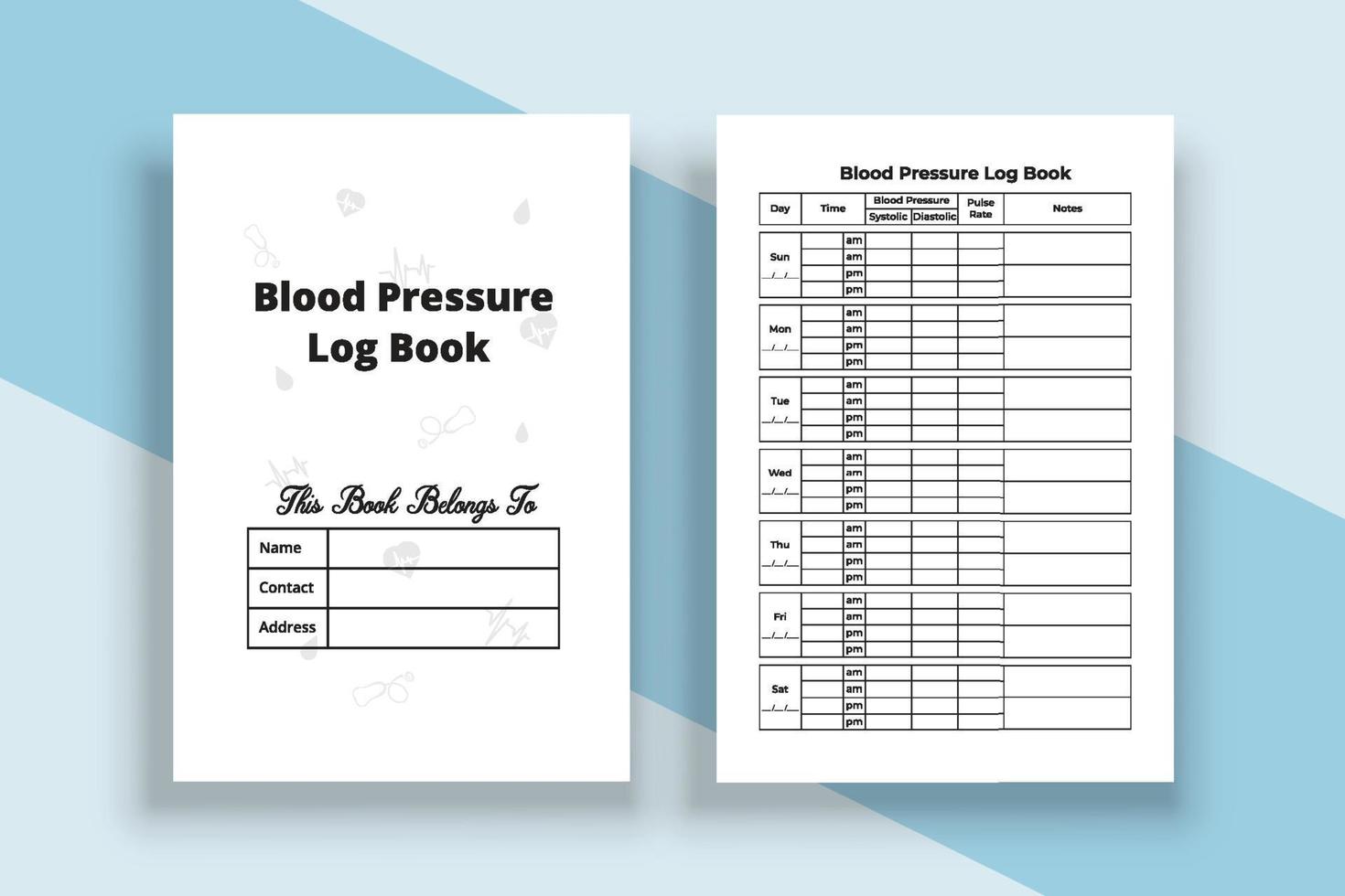 Blood pressure log book. Medical log book. Blood pressure journal and Pulse tracker. Pulse tracker notebook. Blood pressure tracker. vector