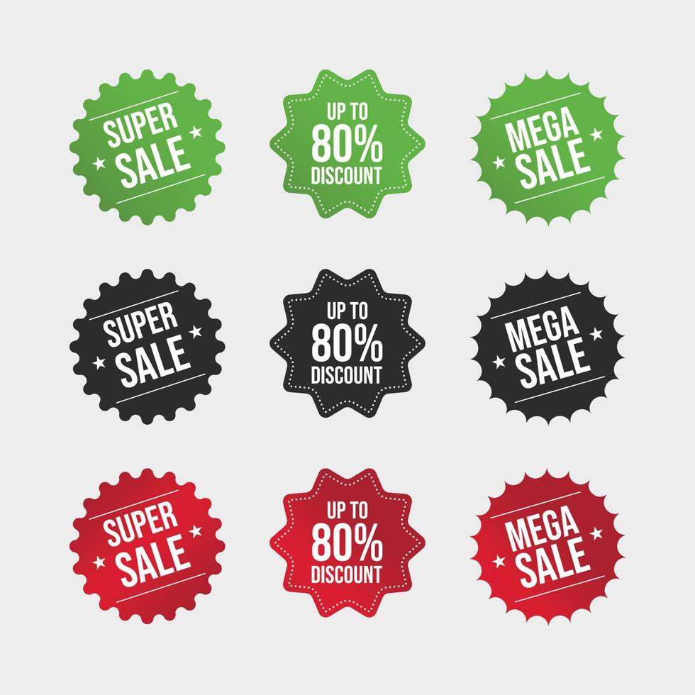 Mega sale badge with green, black, and red color. Discount tag collection. Buy one get one badge set. Sale badge set. Super Sale coupon vector. Special offer discount tags. vector