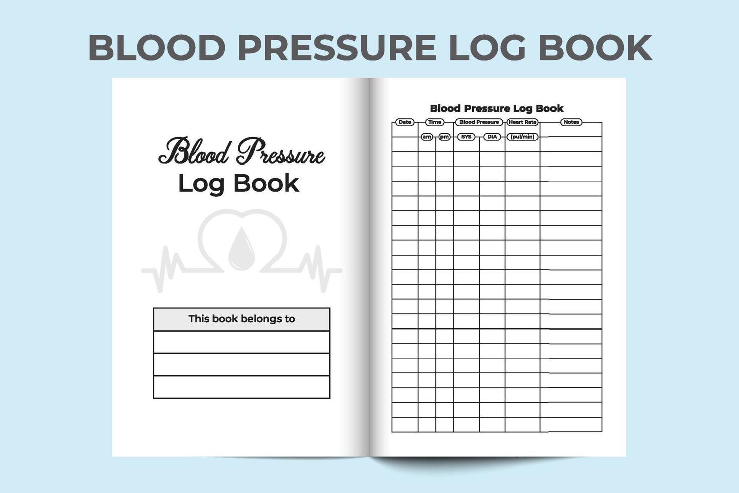 Blood pressure tracker. Pulse tracker notebook template. Blood pressure journal and Pulse tracker. Medical log book. Blood pressure notebook. vector