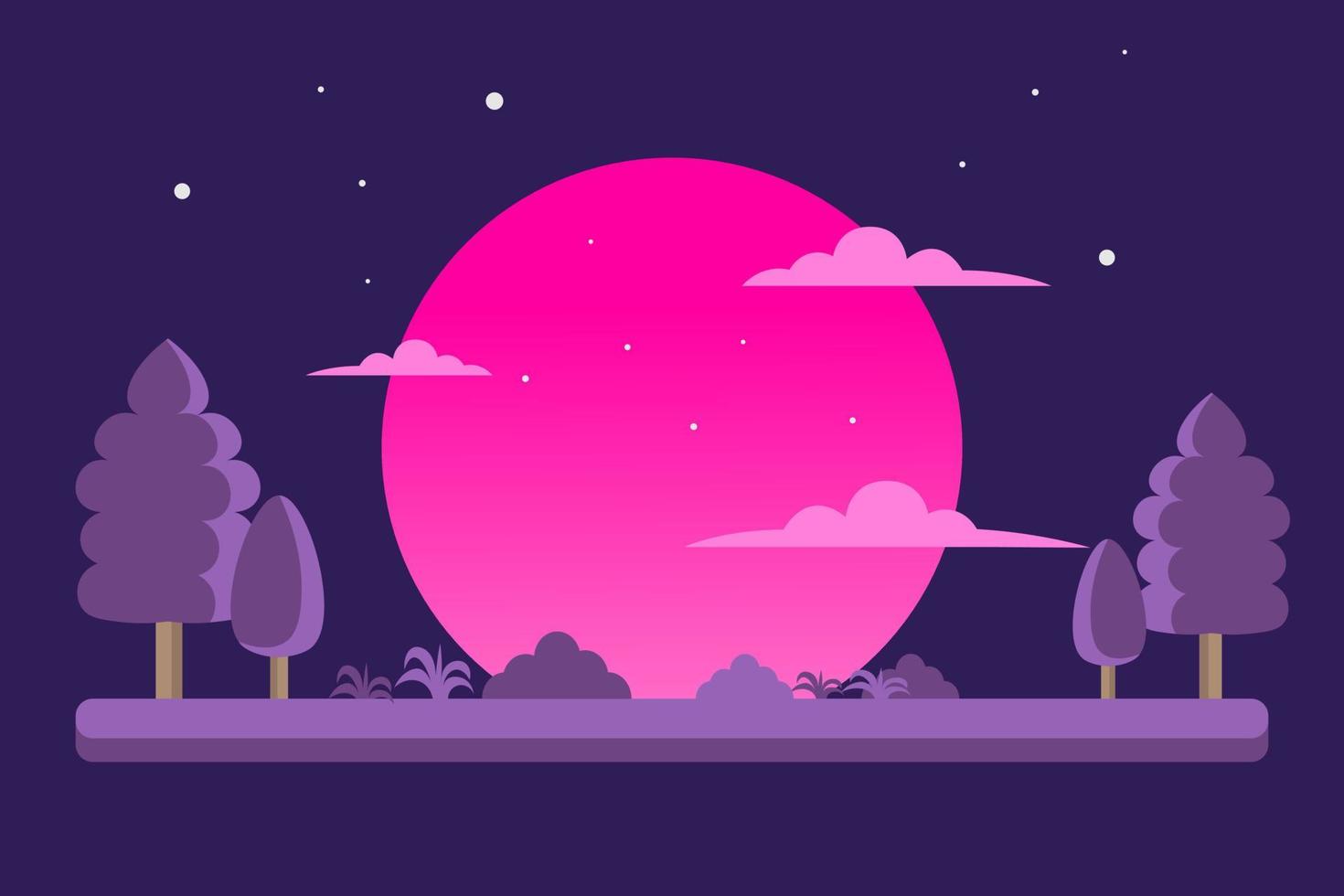 paisaje de ilustración de diseño plano con noche de árbol y luna vector