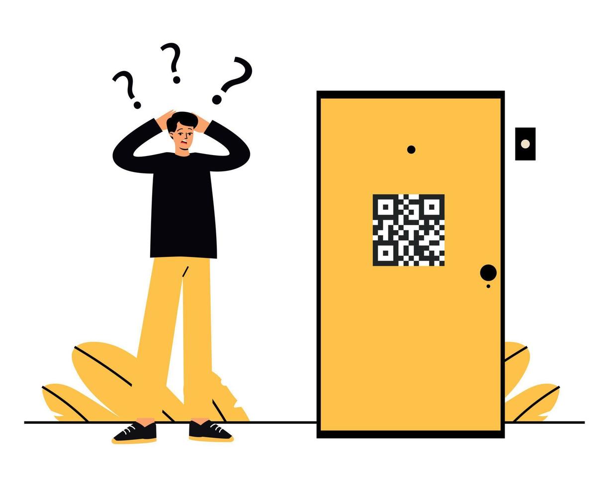 A man is standing near the door. A puzzled man. Login by QR code. QR code on the door vector