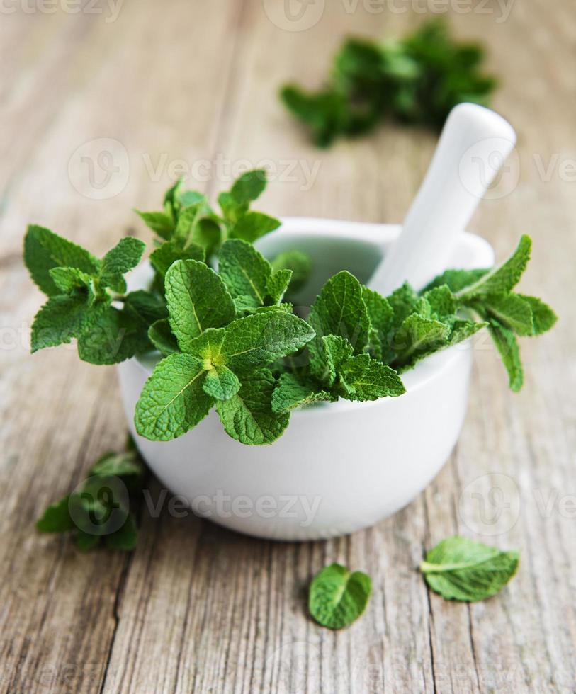 Mortar with fresh mint photo