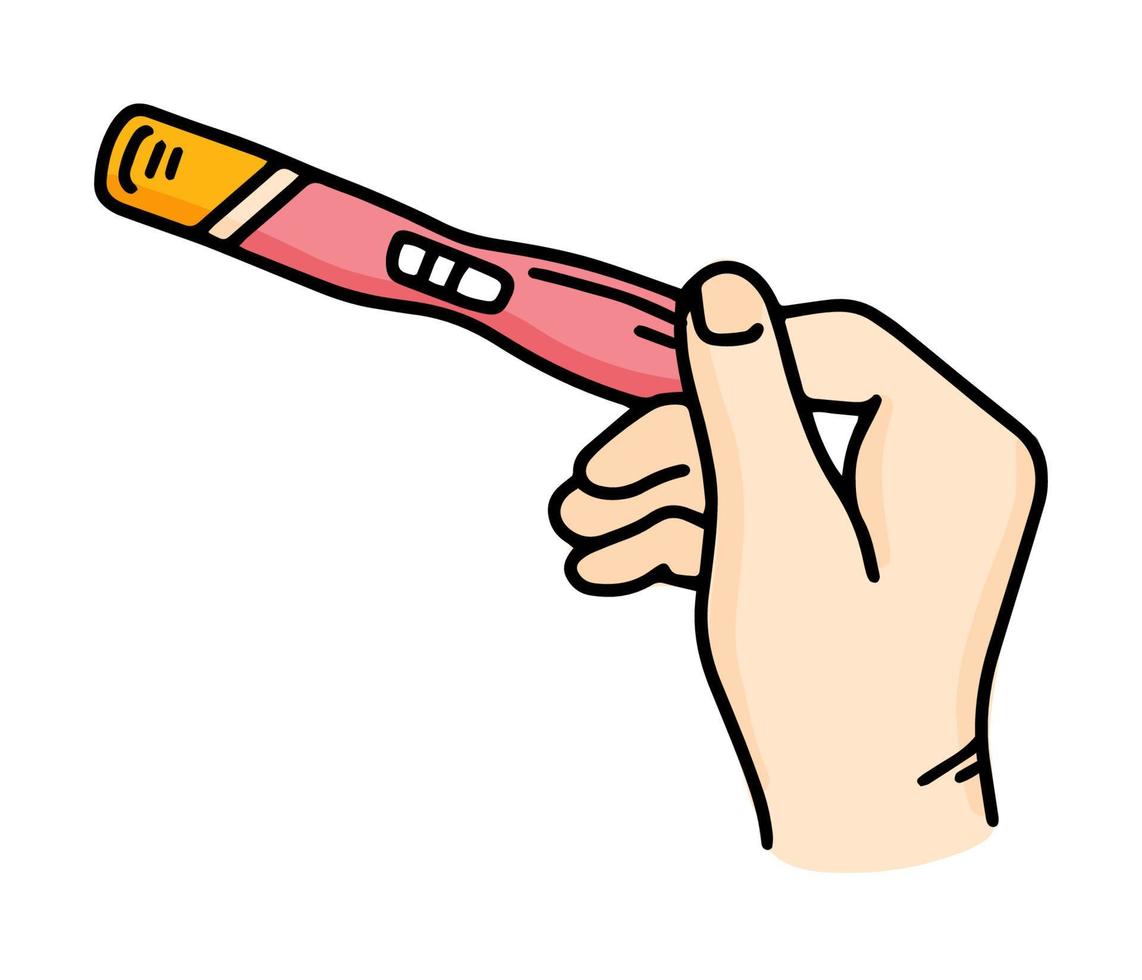 Hand holding a positive pregnancy test with two stripes yellow-pink vector isolated icon in cartoon style