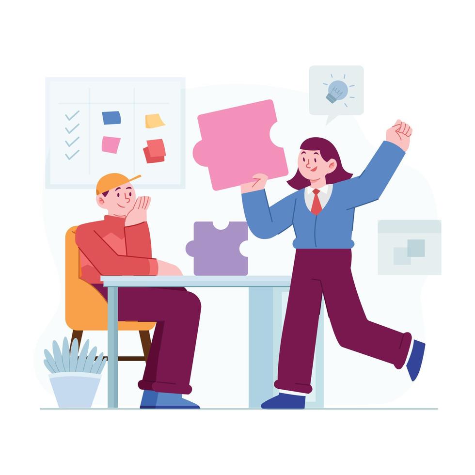 Business Teamwork concept vector Illustration idea for landing page template, a puzzle as effective team collaboration process, active, busy and dynamic assistance help group. Hand drawn Flat Style
