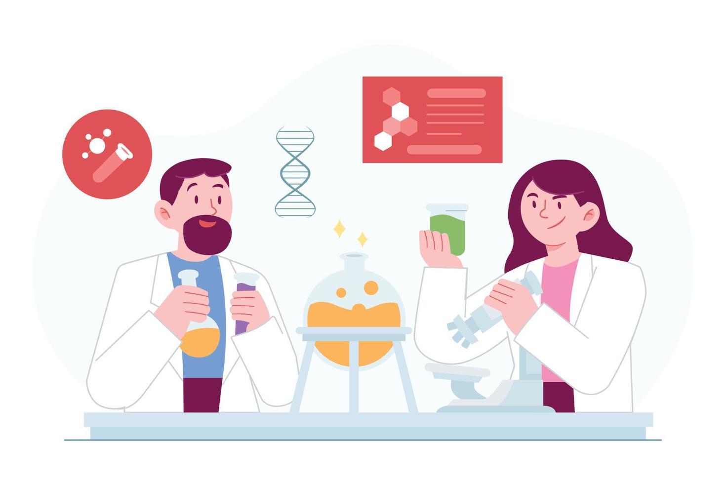 idea de ilustración de vector de concepto de ciencia para plantilla de página de inicio, científico en investigación de experimentos de laboratorio, biología, química, innovación científica de conocimiento de física. estilo plano dibujado a mano