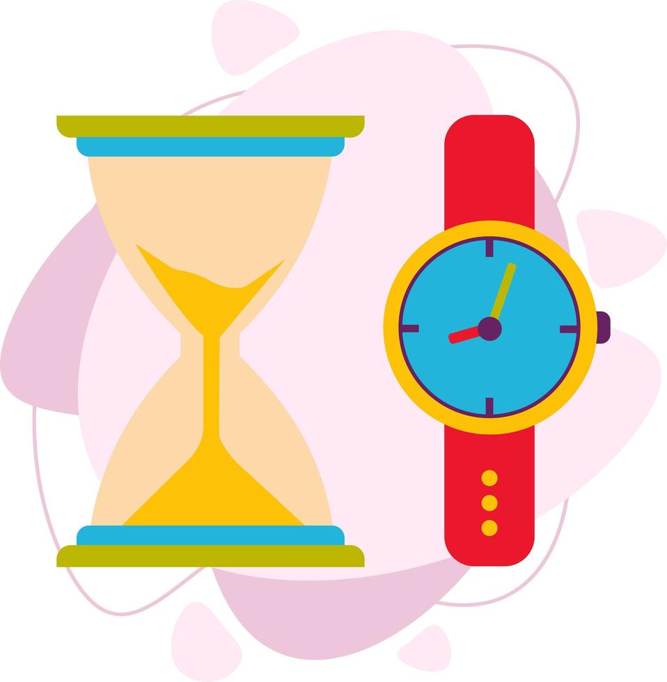 Time. Hourglass and wristwatch. Flat vector illustration.