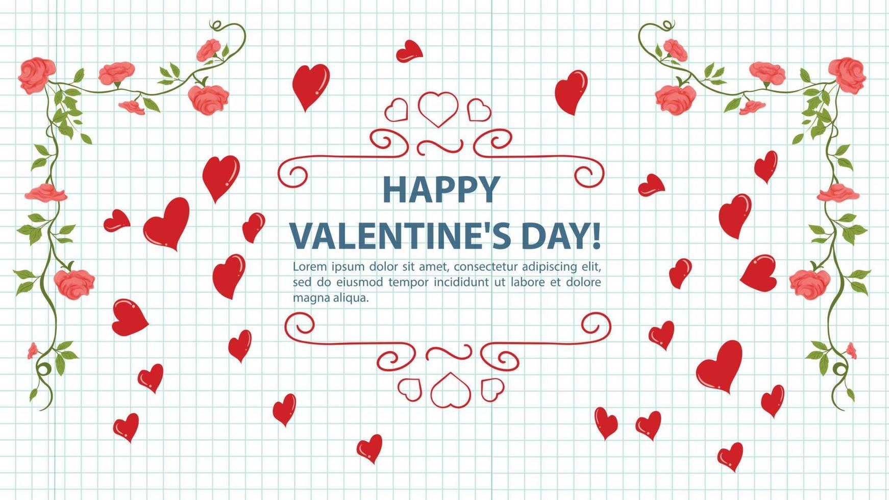 Illustration in a flat style for the Valentines Day holiday a frame of flowers in the middle an inscription congratulations among hearts background a notebook sheet in a cage vector