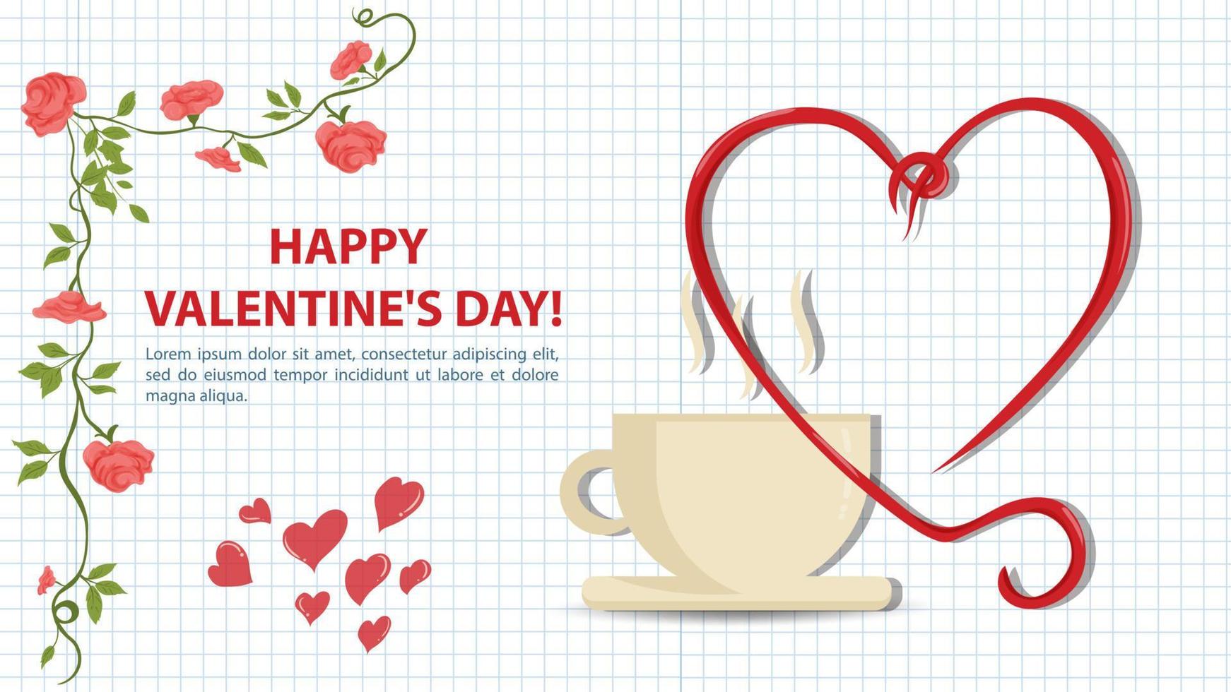 Illustration in a flat style for the Valentines Day holiday a frame of flowers in the middle a heart with curls next to a cup on a saucer background a notebook sheet in a cage vector