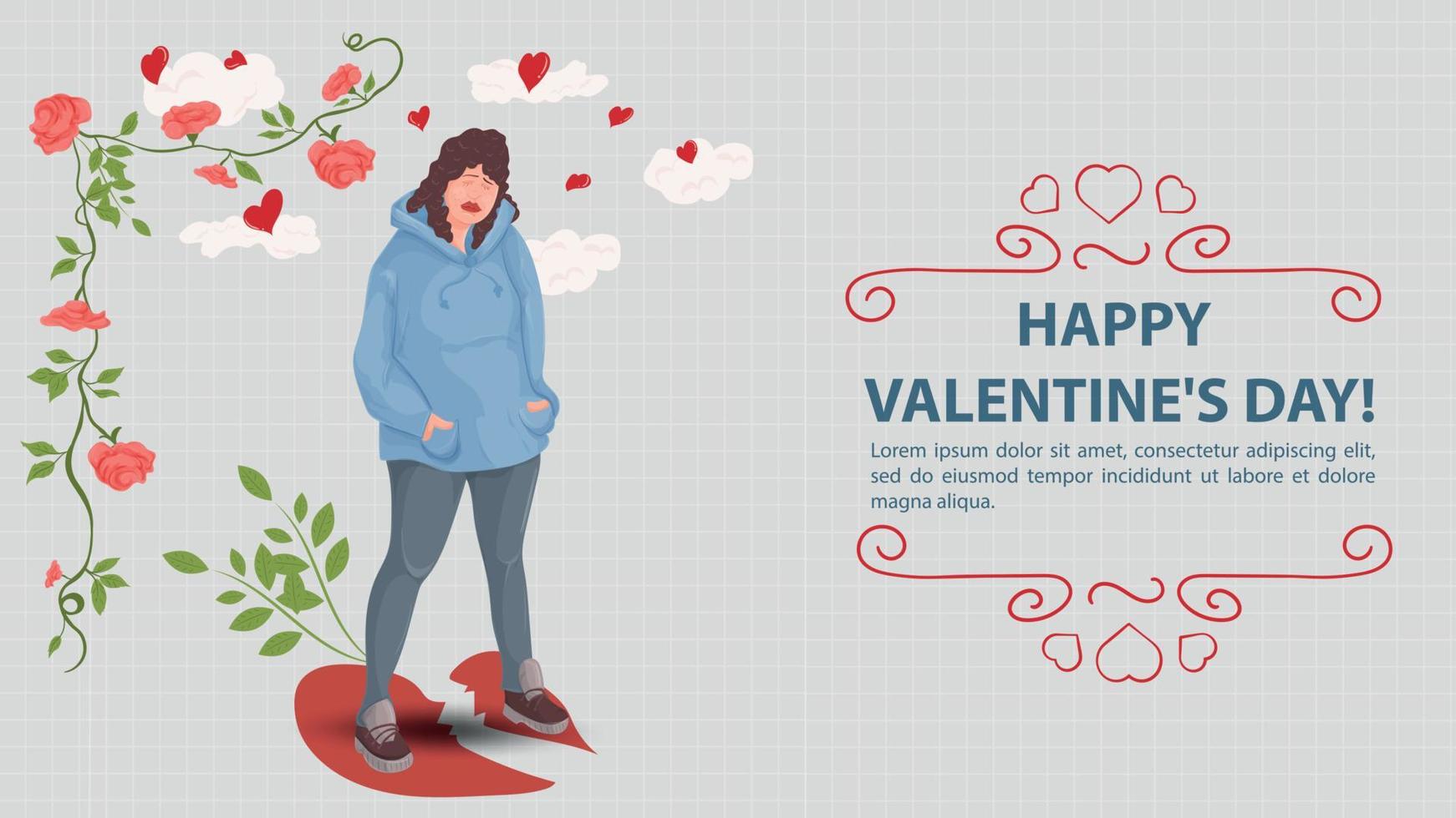 Illustration in a flat style on the theme of the Valentines Day holiday A girl in a blue hoodie stands on a broken heart background a notebook sheet in a cage vector