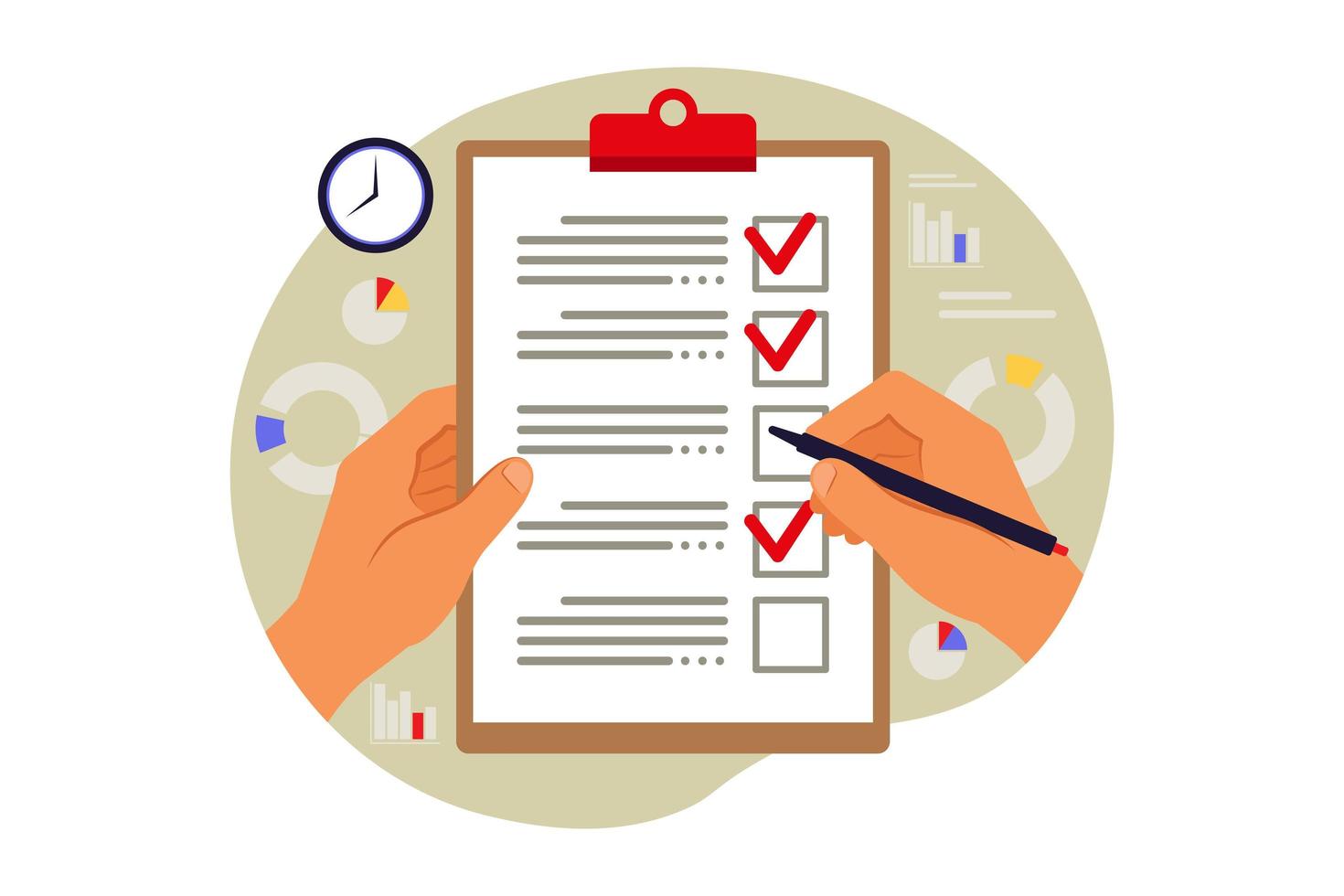 Customers filling up survey form. Vector illustration. Flat