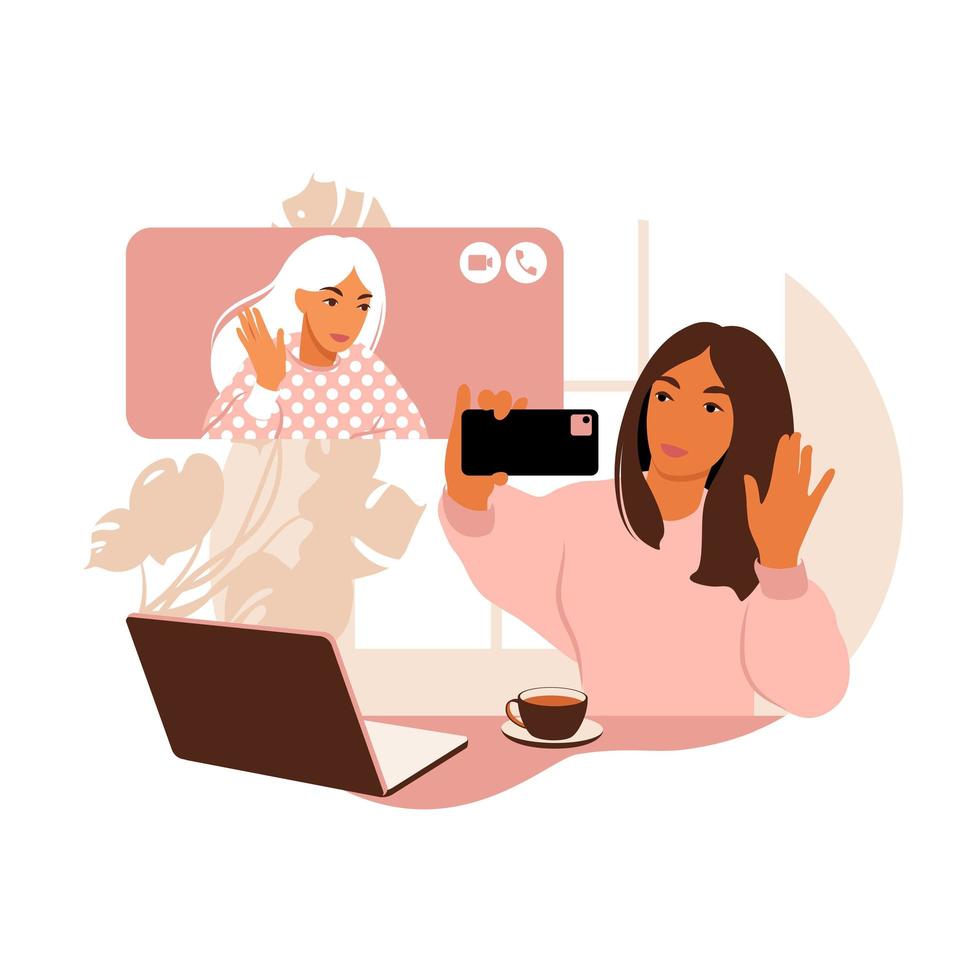 Video conference. Businesswoman online consulting. Telecommunication concept. Vector