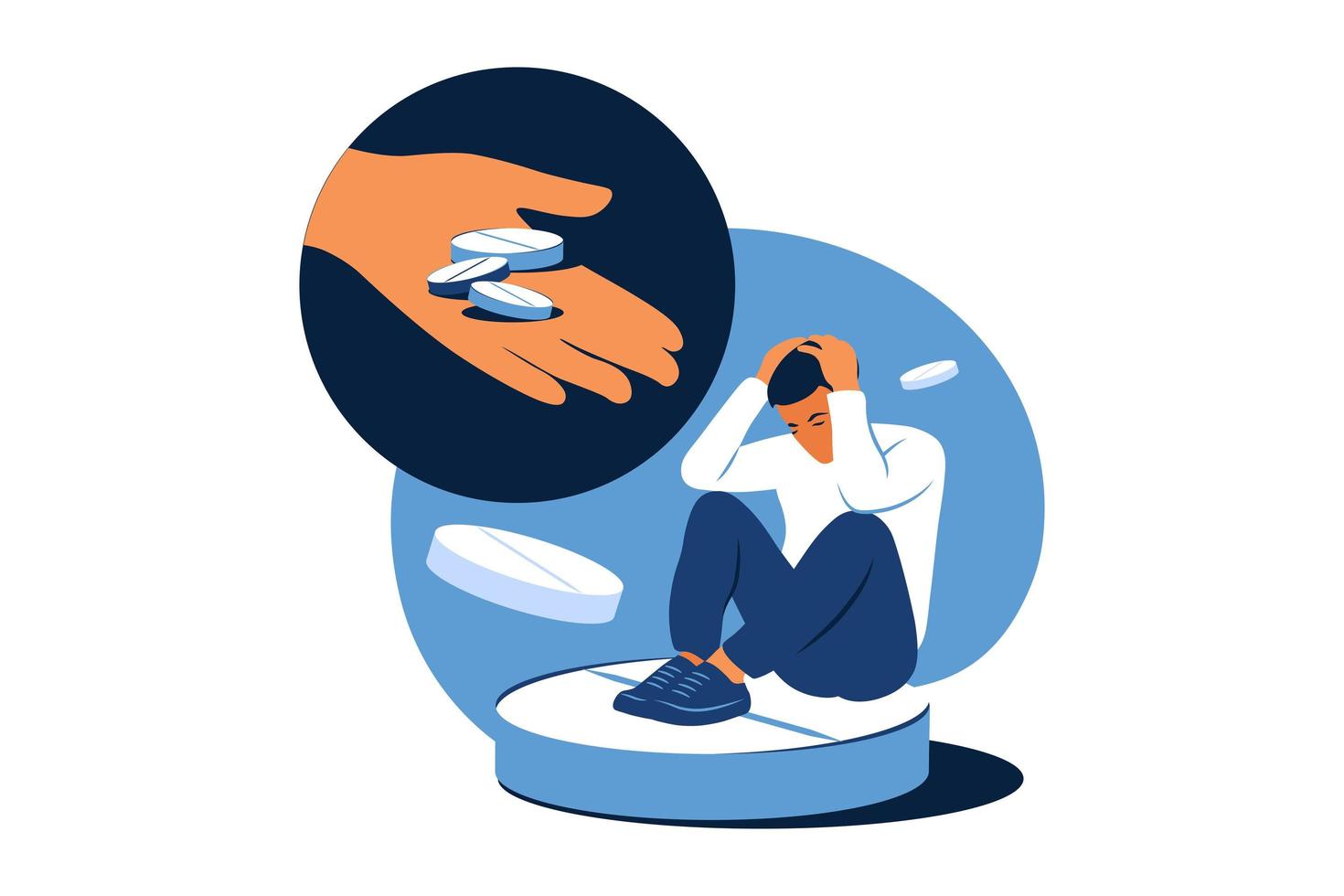 Concept of medication treating illness or disorder. Concept of antidepressants. Depressed man is sitting on big pill. Medicine. Flat. Vector illustration.