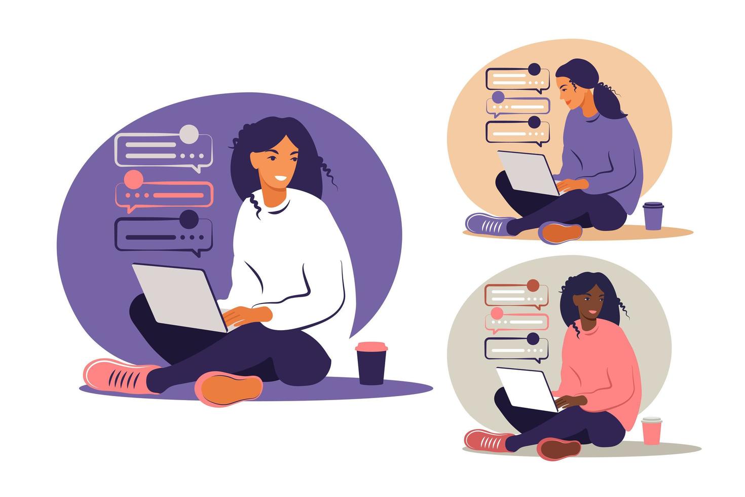 Woman sitting with laptop. Concept illustration for working, studying, education, work from home, healthy lifestyle. Can use for backgrounds, infographics, hero images. Flat. Vector illustration. Set.