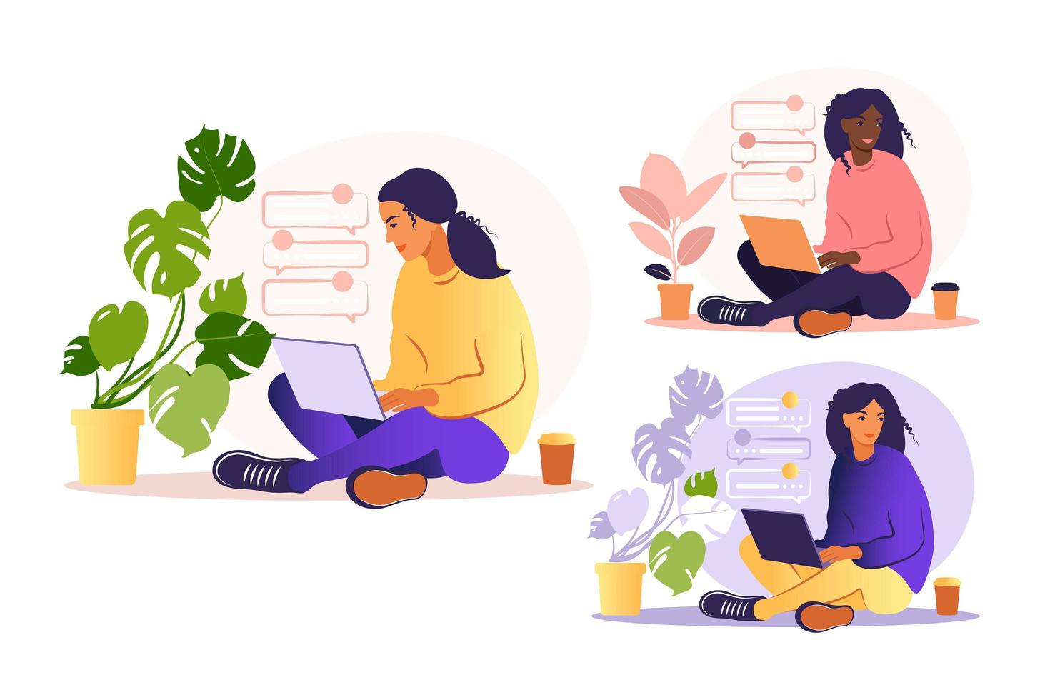 Woman sitting with laptop. Concept illustration for working, studying, education, work from home, healthy lifestyle. Can use for backgrounds, infographics, hero images. Flat. Vector illustration.